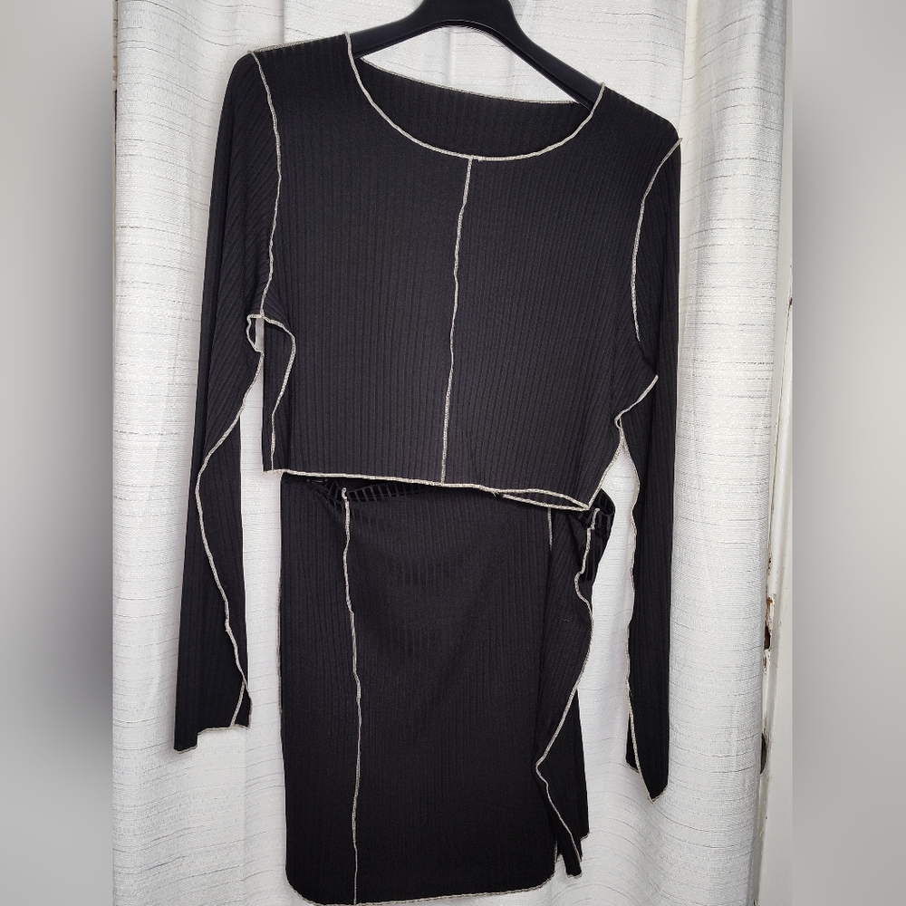 Black Crop Top And Mini Skirt with Tan Stitching